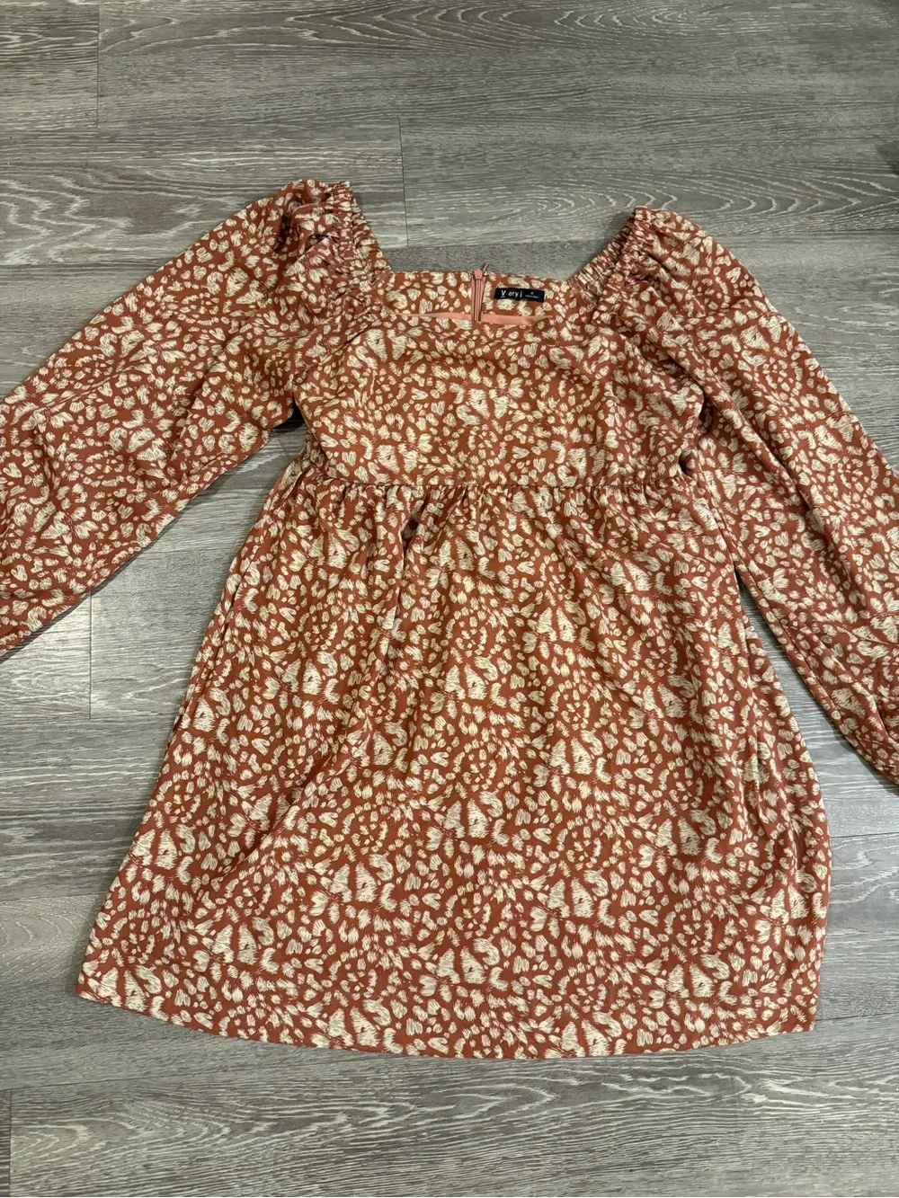 Very J Floral Babydoll Mini Dress Womens Medium Rust Boho Puff Sleeve - Picture 2 of 7